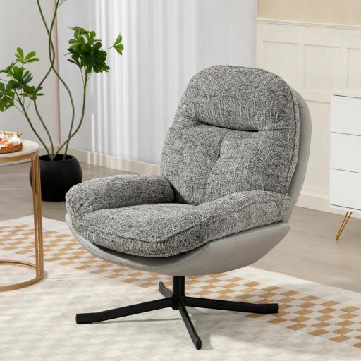 Butaca de Salón Giratoria Moderna Tapizada en Chenilla y Cuero PU con Asiento Ancho Base de Cruz Sillón Relax Gris