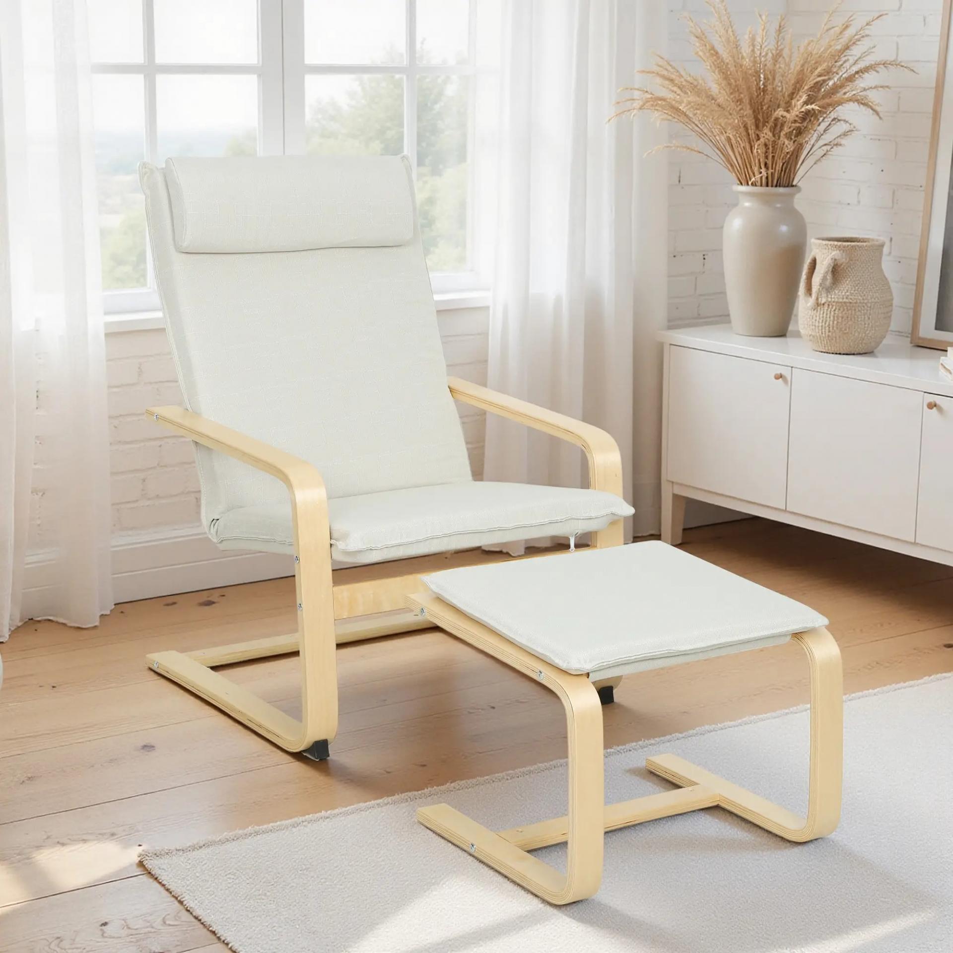 Sillón con Reposapiés Sillón Lectura con Respaldo Alto Reposacabezas Extraíble Patas de Madera y Tapizado en Lino Crema