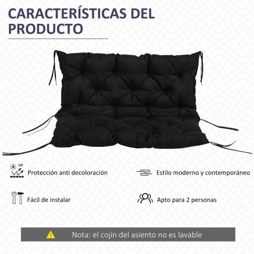 Cojín para Banco con Respaldo 100x98x8 cm de 2 Plazas con Cordones de Fijación para Jardín Terraza Balcón Exterior Negro [7]