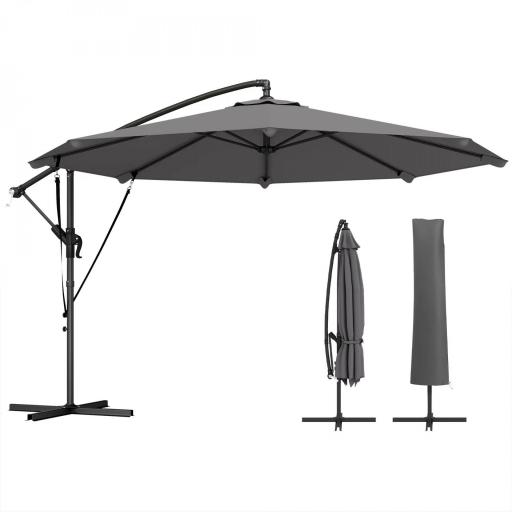 Parasol Excéntrico Ø300 cm con Base Cruzada Manivela Funda Protectora y Cuerdas de Viento UPF30+ Gris Oscuro [8]