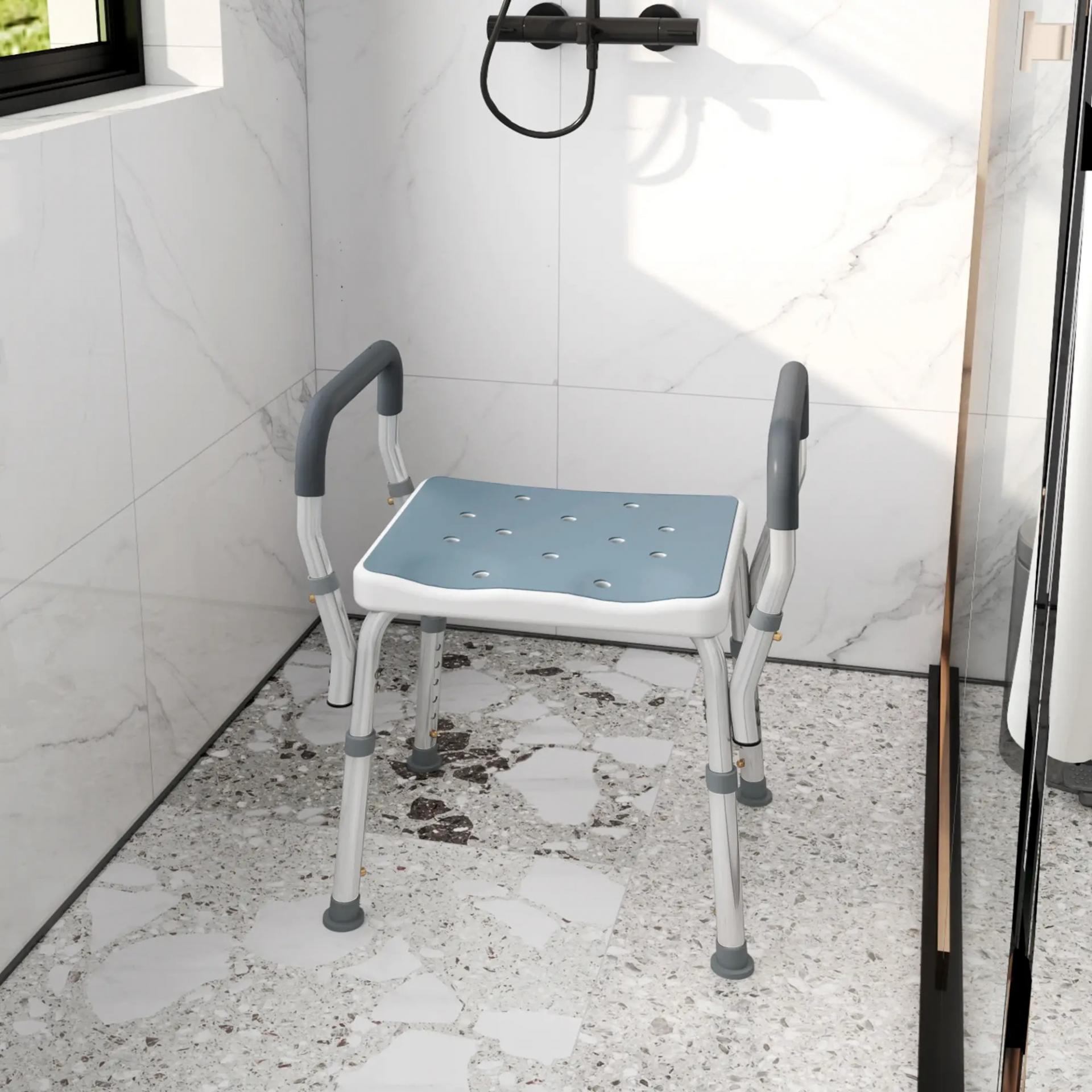 Taburete de ducha con Altura Ajustable para Personas Mayores o con Movilidad Reducida 52x45x69 cm Asiento Blanco y Azul