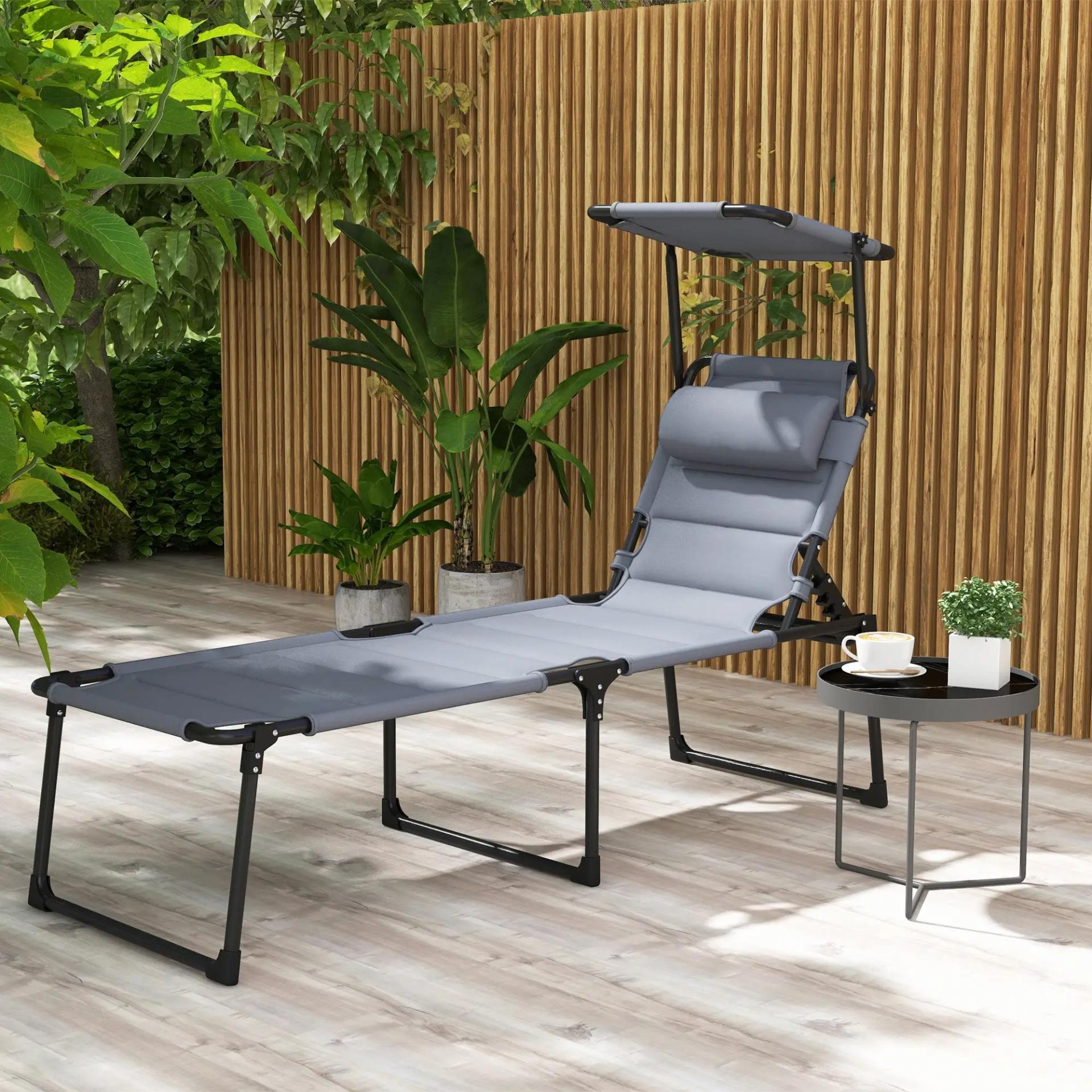 Tumbona de Jardín con Toldo Ajustable Respaldo Regulable en 4 Niveles Reposacabezas para Terraza 70x200x45 cm Gris