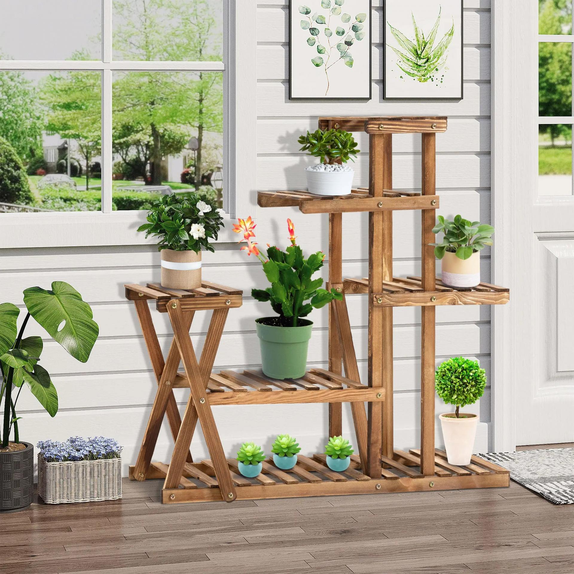 Estantería para Plantas con Pies de Madera con 5 Niveles Carga 60 kg para Interior y Exterior 98x28x95 cm Carbonizado
