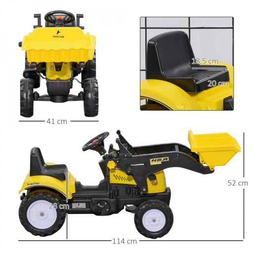 Tractor a Pedales para Niños a partir de 3 Años Excavadora con Pala Delantera Carga 35 kg 114x41x52 cm Amarillo [1]