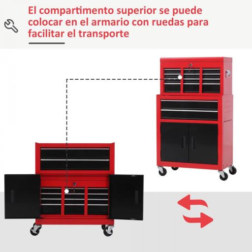 Carro de Herramientas con Baúl Superior 6 Cajones Armario Cerradura 4 Ganchos para Garaje Hogar Rojo [4]