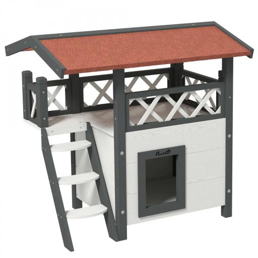 Caseta para Gatos de 2 Niveles 77x50x73 cm Refugio para Gatos con Techo Asfáltico Escalera y Balcón para Exterior Blanco [8]