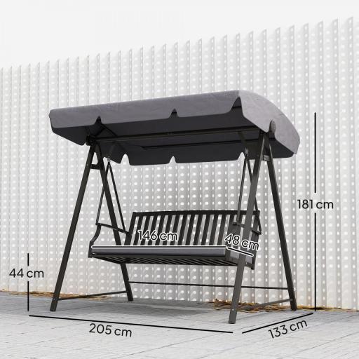 Columpio de Jardín de 3 Plazas con Toldo Ajustable Cojín y Estructura de Acero Carga 360 kg 205x133x181 cm Gris [1]