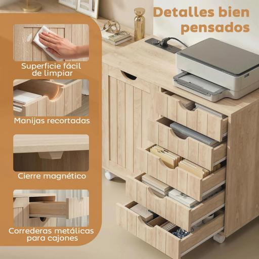 Mueble para Impresora con Estación de Carga y Ruedas 5 Cajones Puertos USB Estante Ajustable Natural [6]