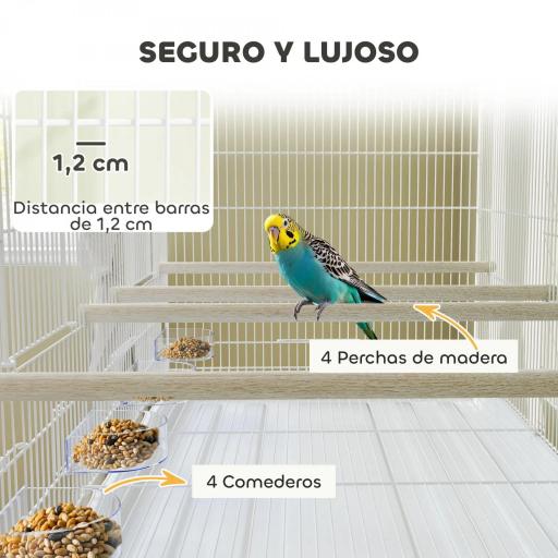 Jaula para Pájaros con Divisor Comederos Bandeja Extraíble y Soporte para Canarios y Periquitos 94x57x57/128 cm Blanco [6]