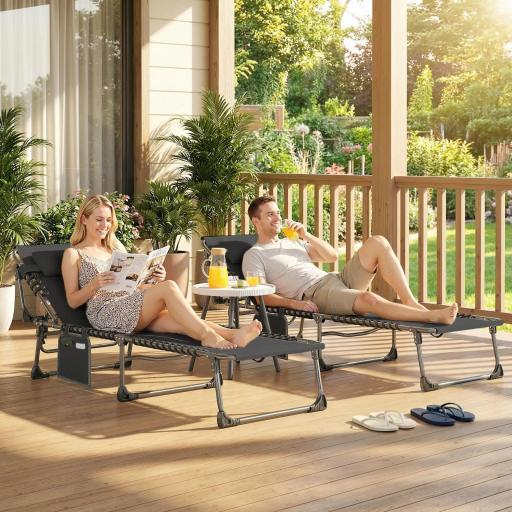 Set de 2 Tumbonas Plegables con Reposacabezas Bolsillo Lateral y Respaldo Reclinable en 5 Posiciones Negro [6]
