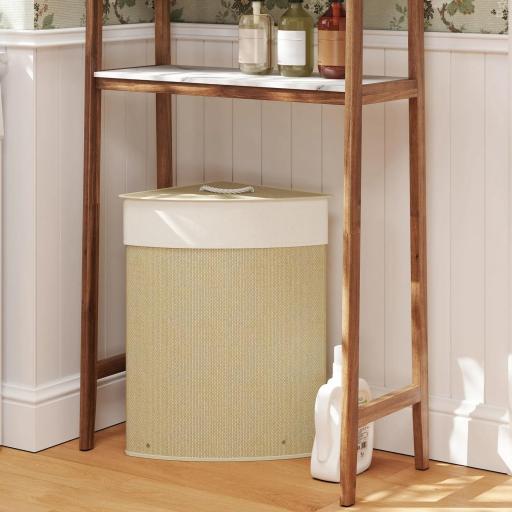Cesto de Ropa de Bambú 55L, Cesto Triángulo con Bolsa Desmontable y Lavable, Tapa, Asa, 35x35x60cm, Natural