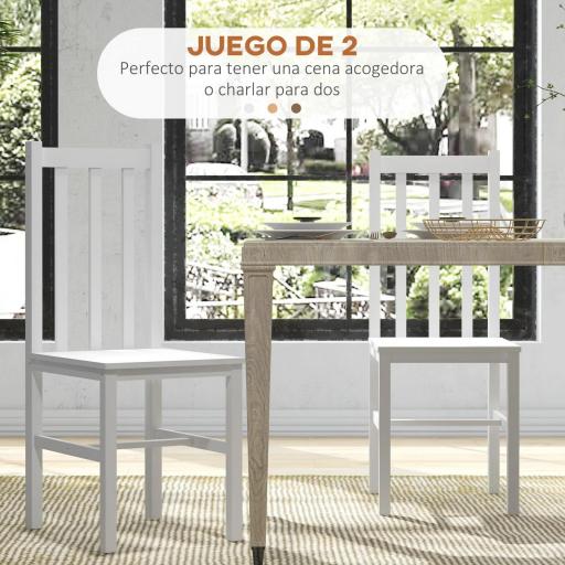 Juego de 2 Sillas de Comedor con Respaldo Alto de Listones y Estructura en Madera de Pino 38,5x47,5x99 cm Blanco [5]