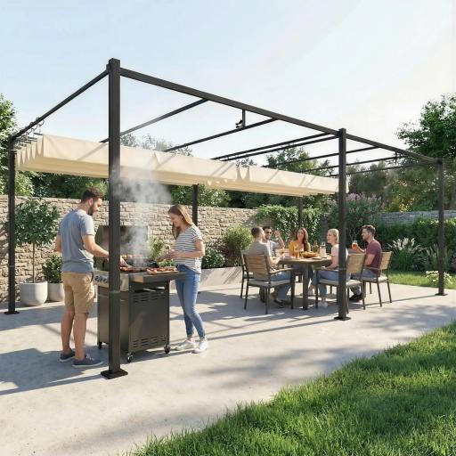 Pérgola de Jardín 6x3 m con Techo Retráctil Protección UPF50+ Drenaje Cenador de Jardín para Patio Exterior Crema [6]