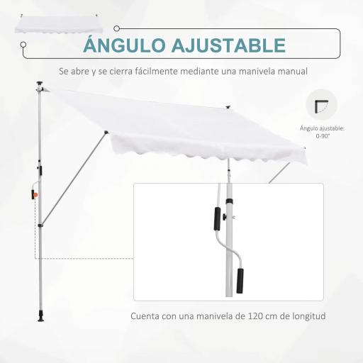 Toldo Manual Retráctil 300x150x170-280 cm con Altura Ajustable Manivela y Protección Solar para Terraza Blanco [2]