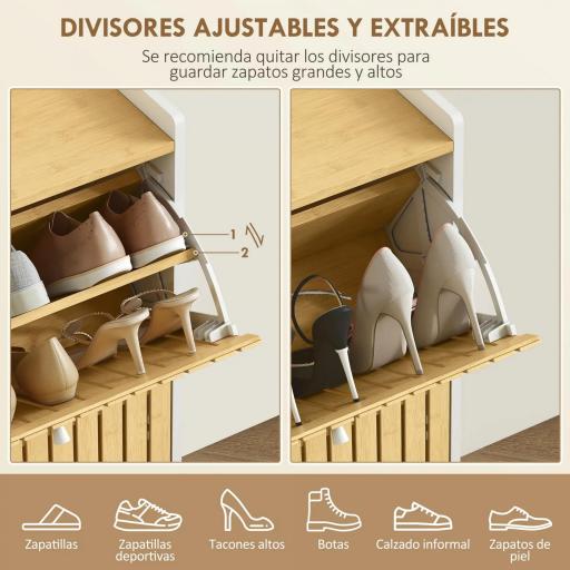 Zapatero Estrecho con 2 Puertas de Bambú con Listones Estantes Ajustables para 12 Pares de Zapatos Blanco y Natural [4]