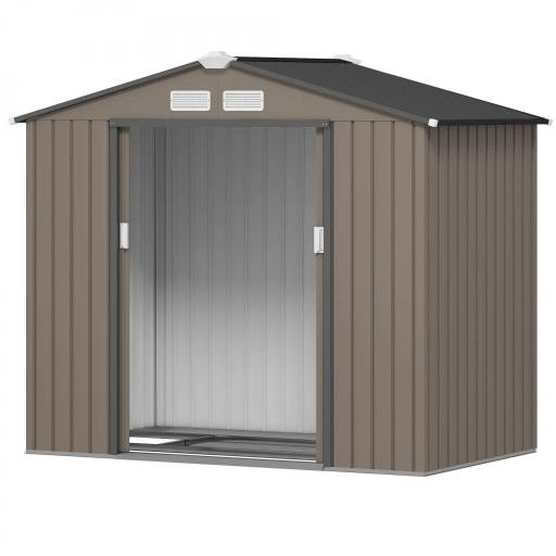 Caseta de Jardín Exterior con Base de Refuerzo Sin Suelo 213x130x185 cm con 2 Puertas Correderas y 4 Ventanas Marrón [8]