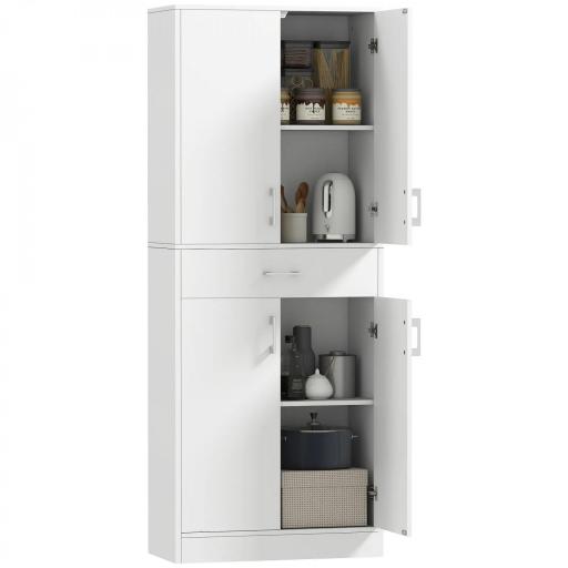 Alacena de Cocina con 4 Puertas 1 Cajón y Estantes Ajustables Antivuelco para Comedor Salón 70,8x34x180cm Blanco y Plata [6]