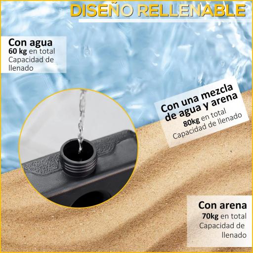 Conjunto de 4 Pesos Rellenables para Base de Sombrilla Cruzada con 15 Litros de Agua o 17,5 kg de Arena Negro [5]