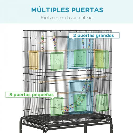 Jaula para Pájaros con Ruedas 79x49x133 cm Pajarera Metálico con 4 Comederos 3 Perchas Juguetes para Periquitos Negro [3]