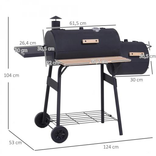 Barbacoa de Carbón 3 en 1 Ahumador Parilla de Carbón Barbacoa de BBQ 124x53x104 cm con Termómetro y Ruedas Estantes [1]