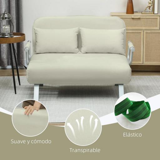 Sofá Cama de 2 Plazas con Respaldo Ajustable en 5 Posiciones Tapizado con Tacto de Ante y Cojines 111x80x78 cm Crema [4]