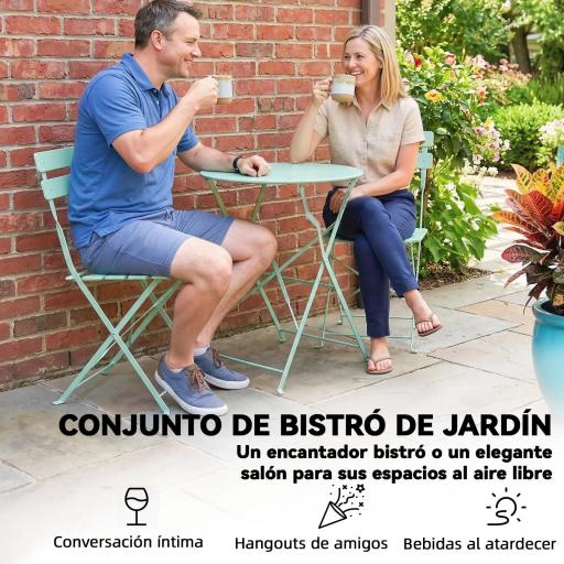 Conjunto de Jardín Plegable con 2 Sillas Plegables Mesa Redonda Estructura Metálica Electrofórica para Balcón Verde [7]
