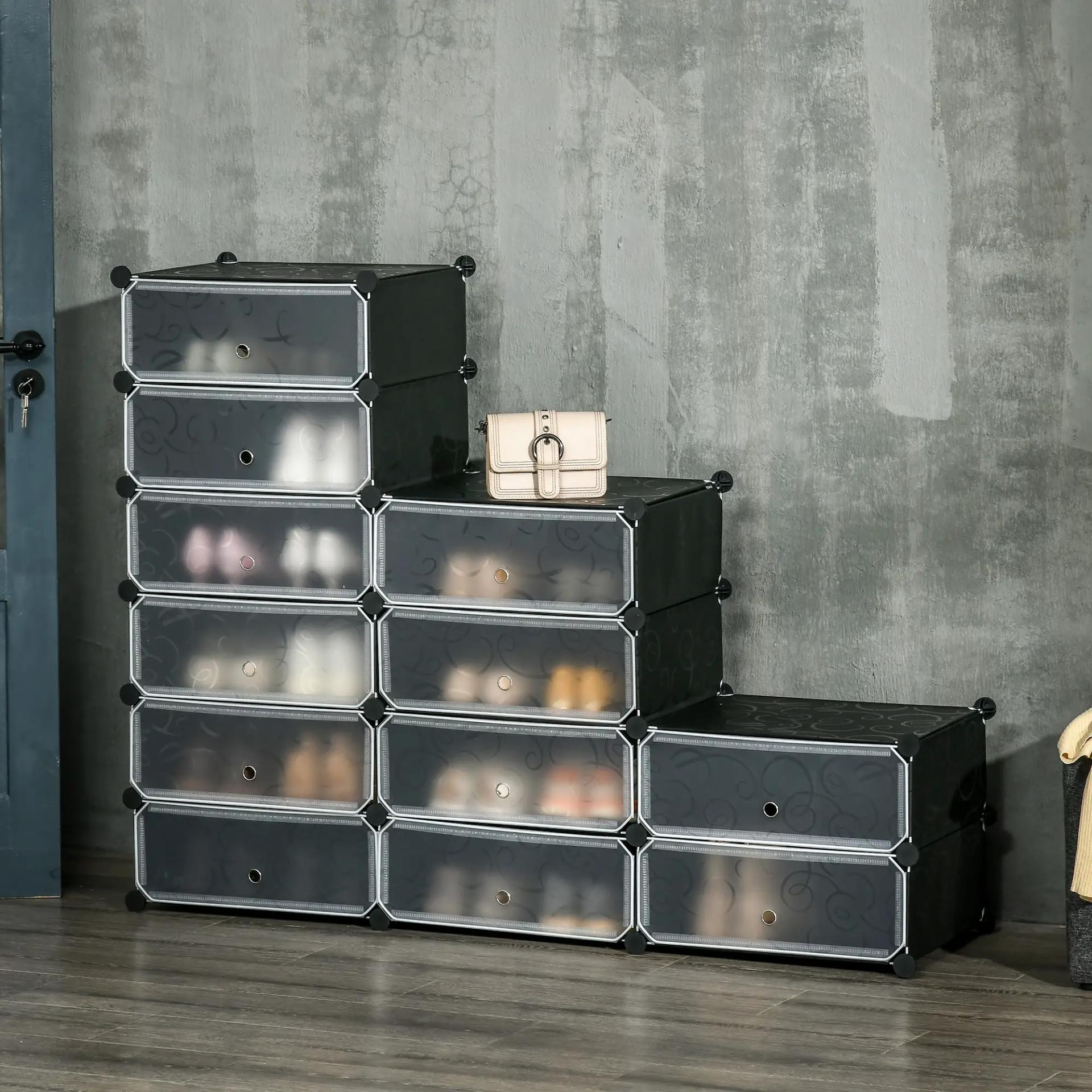 Armario Modular para Zapatos de Plástico con 12 Cubos Puertas y Conectores Diseño DIY para Entrada o Dormitorio Negro