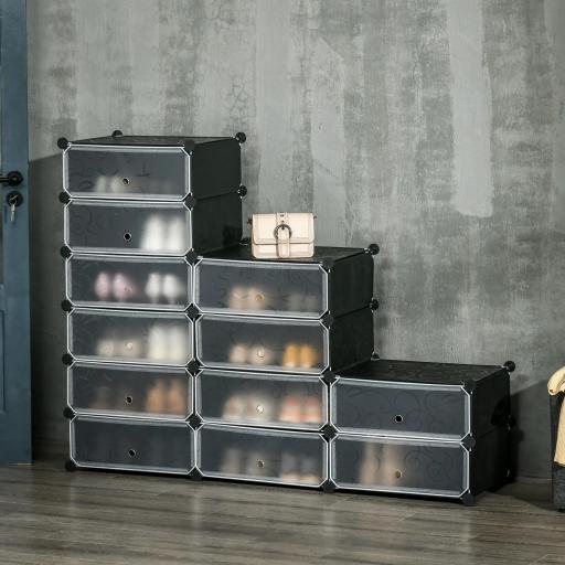 Armario Modular para Zapatos de Plástico con 12 Cubos Puertas y Conectores Diseño DIY para Entrada o Dormitorio Negro