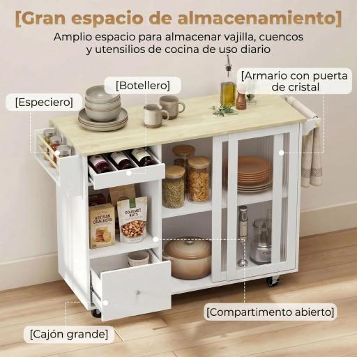 Isla de Cocina con Encimera Abatible Ruedas Puertas Correderas de Vidrio Botellero Cajón Especiero Estante Ajustable [7]