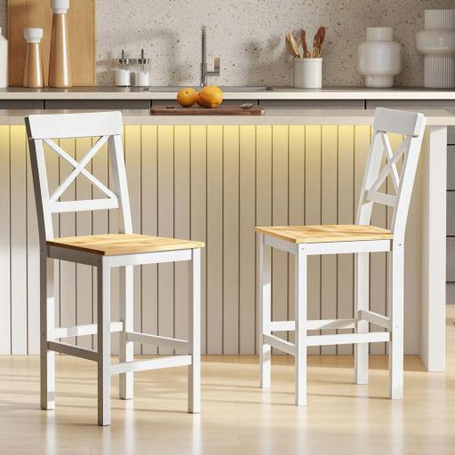 Taburetes Altos de Cocina de Madera Altura Asiento 60,2 cm con Respaldo y Reposapiés 41x46x97,5 cm Natural y Blanco [6]