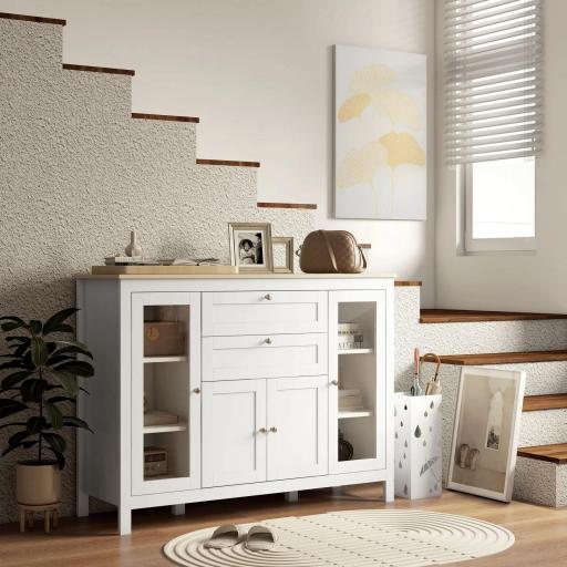 Aparador de Cocina con Armario 2 Cajones 2 Puertas de Vidrio y Estantes Ajustables Muebles Auxiliar de Almacenaje para Comedor Salón 120x40x90 cm Blanco [7]
