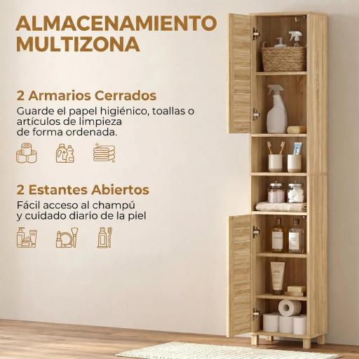 Armario Alto para Baño con Estantes Ajustables Puertas de Lamas Apertura por Presión 34x23x170 cm Natural [4]