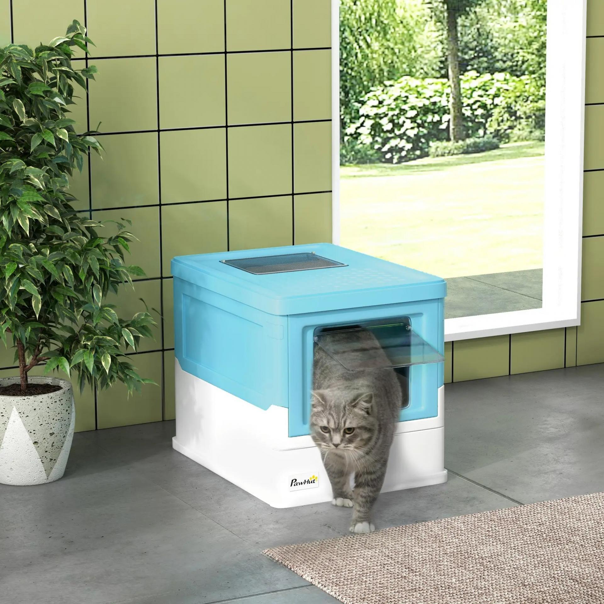 Arenero Cubierto para Gatos Arenero Cerrado y Plegable para Gatos con Bandeja Extraíble y Pala 47,5x35,5x36,7 cm Azul