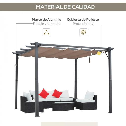 Pérgola de Aluminio 3x3m para Jardín Patio o Terraza con Techo Retráctil Tela Poliéster Resistente a Agua Marrón y Gris [2]
