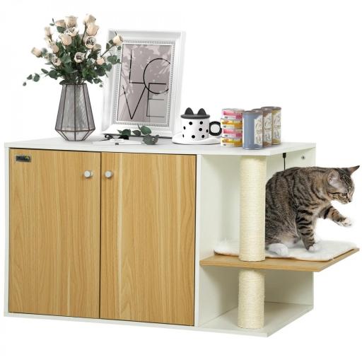 Mueble Arenero para Gatos con Centro de Juegos Cojín Pelota Puerta Lateral y Patas Antideslizantes 94x48x50,5cm Blanco [9]