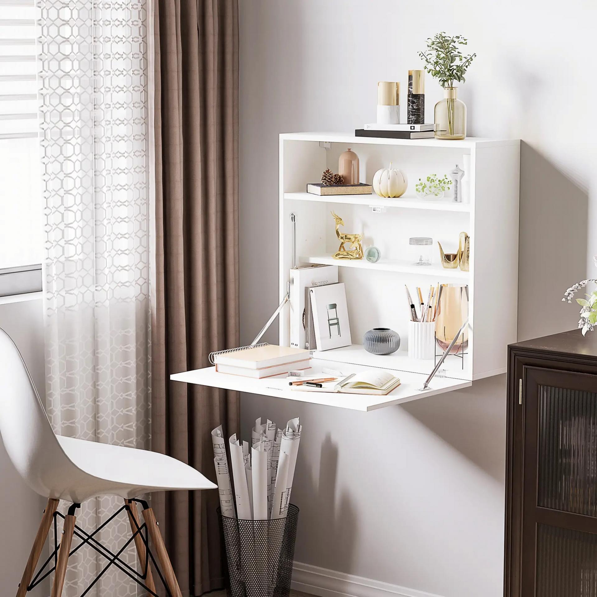 Escritorio Plegable de Pared Moderno Mesa Flotante Multifuncional con Estantes de Almacenamiento 64x20x60 cm Blanco