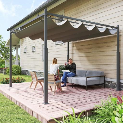 Pérgola de Jardín 3x3 m con Techo Retráctil y Accesorio Magnético Protección UV30+ Columnas Metálicas y Ganchos Gris