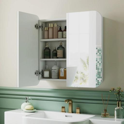 Armario de Baño con Espejo Diseño con Bordes Curvados 2 Puertas Estantes Ajustables 68x13x66 cm Blanco