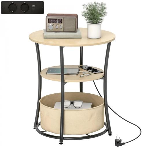 Mesa Auxiliar Redonda de 3 Niveles con Estación de Carga 3 Estantes y Bolsa para Salón Dormitorio Ø50x55,1 cm Natural [9]