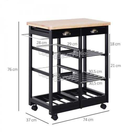 Carrito Auxiliar con Ruedas Carrito Verdulero Carro de Cocina con 2 Cajones 2 Cestas y 2 Estantes 74x37x76 cm Negro [1]