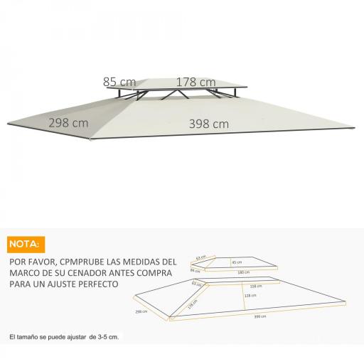Techo de Repuesto 4x3 m para Cenador de Jardín 2 Niveles Transpirable con 8 Orificios de Drenaje Cubierta Superior de Reemplazo para Pabellón Gazebo Exterior Beige [1]