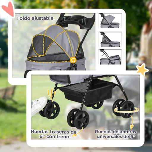 Carrito para Perros Pequeños con Ruedas Universales Cesta de Almacenaje Correas de Seguridad y Ventanas 67x45x96 cm Gris [4]