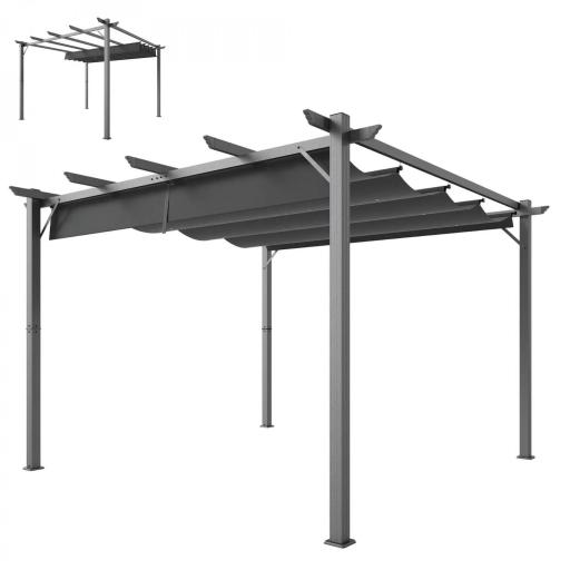 Pérgola de Jardín 3x3 m con Techo Retráctil Protección UPF30+ Drenaje Marco de Aluminio para Patio Exterior Gris Oscuro [8]