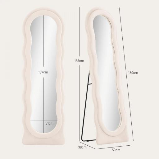 Espejo de Cuerpo Entero 160x50 cm Diseño Ondulado Marco con Tela de Terciopelo para Salón Dormitorio Crema [1]