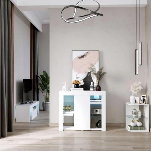 Aparador Moderno con Luces LED Mueble Buffet con 1 Puerta de Alto Brillo Cierre a Presión Estantes Ajustables y Control Remoto 97x35x83 cm Blanco [0]