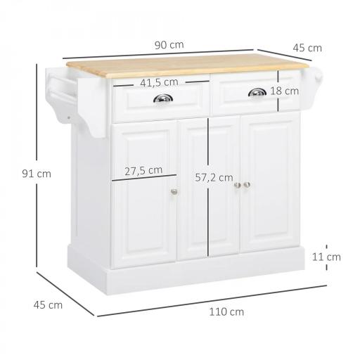 Carro de Cocina con Ruedas Isla de Cocina con 2 Cajones Especiero y Barra para Colgar 110x45x91 cm Blanco [1]