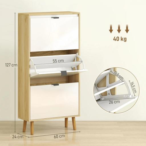 Zapatero Estrecho con 3 Puertas en Blanco Brillo Estantes Ajustables Patas de Madera para 18 Pares de Zapatos [1]