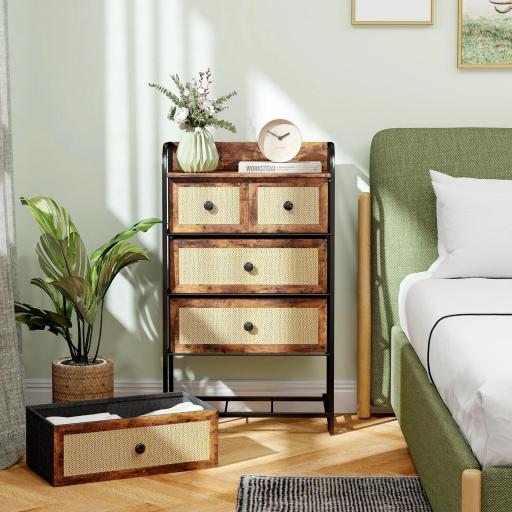 Cómoda para Dormitorio con 5 Cajones con Frentes de Ratán y Marco de Acero 58x29x99 cm Marrón Rústico [4]