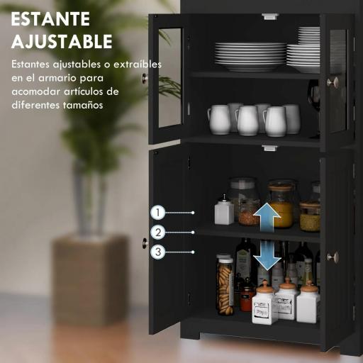 Aparador de Comedor Armario de Cocina con 4 Puertas 2 Estantes Abiertos y Estante Ajustable para Salón 60x30x162cm Negro [3]