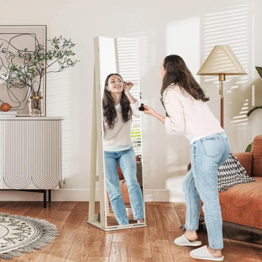 Armario Joyero con Luces LED y Cerradura Espejo Integrada Blanco con Veta de Madera